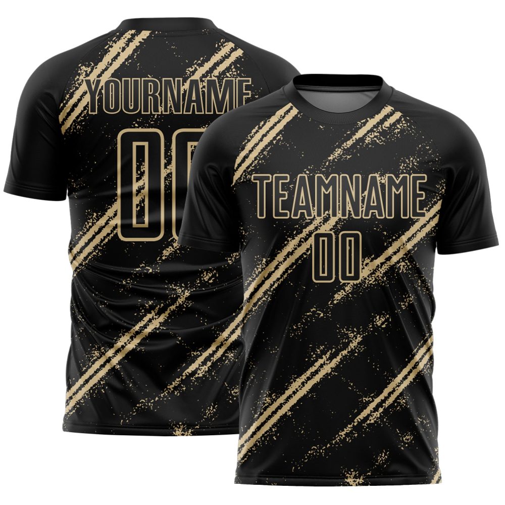 Custom Black Vegas Gold Abstract Fragment Art Splash Sublimation Soccer Uniform Jersey