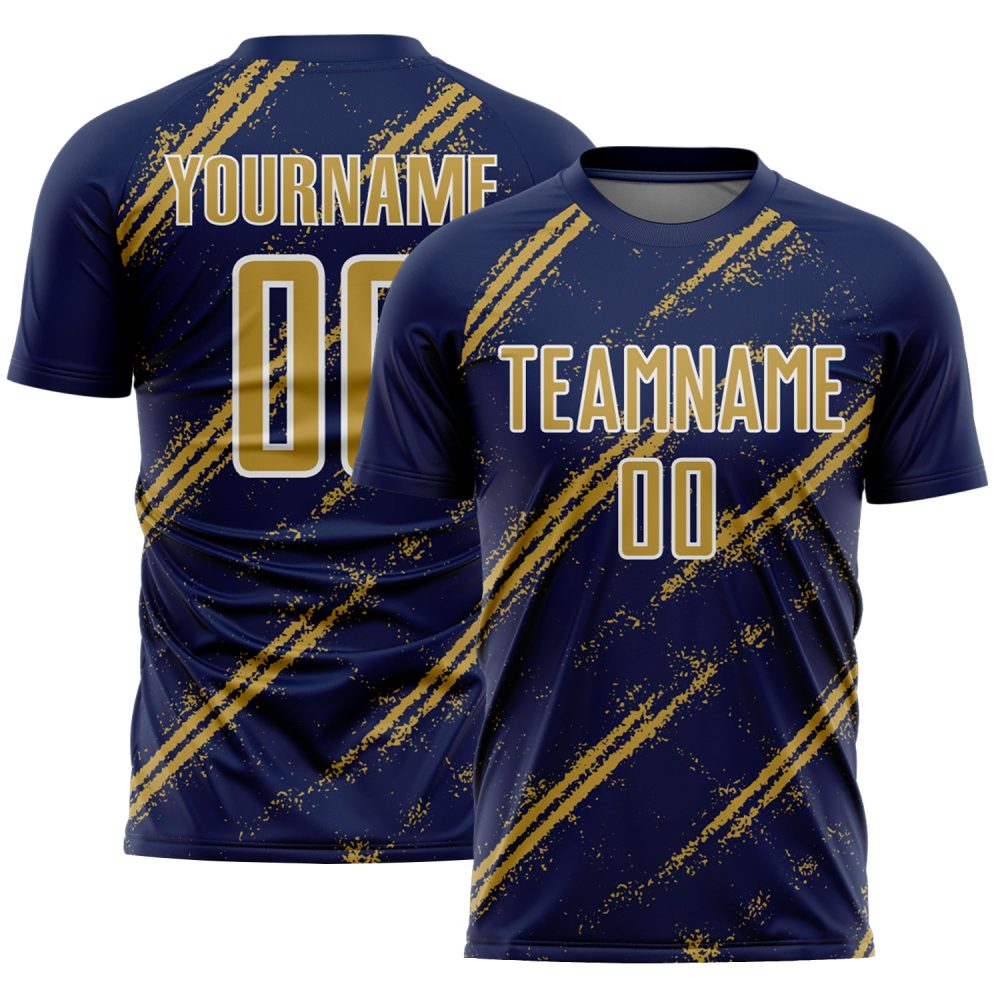 Custom Navy Old Gold-White Abstract Fragment Art Splash Sublimation Soccer Uniform Jersey