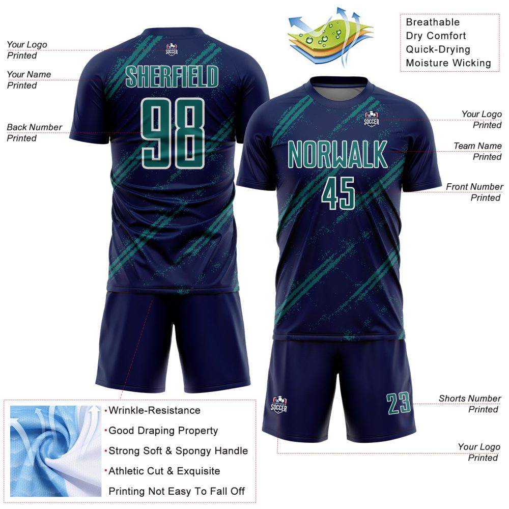 Custom Navy Teal-White Abstract Fragment Art Splash Sublimation Soccer Uniform Jersey
