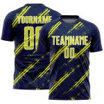Custom Navy Neon Yellow-White Abstract Fragment Art Splash Sublimation Soccer Uniform Jersey