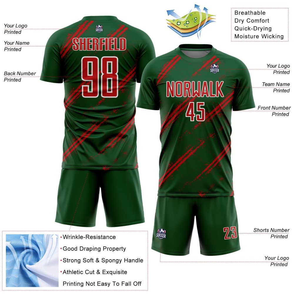 Custom Green Red-White Abstract Fragment Art Splash Sublimation Soccer Uniform Jersey